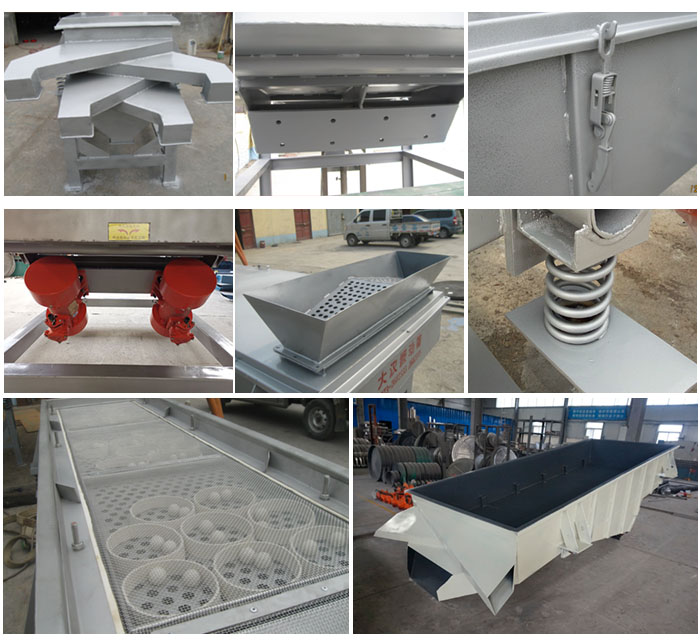 多層直線振動篩由進料口,底座,振動電機,篩網(wǎng),篩框,彈簧,出料口等組成。