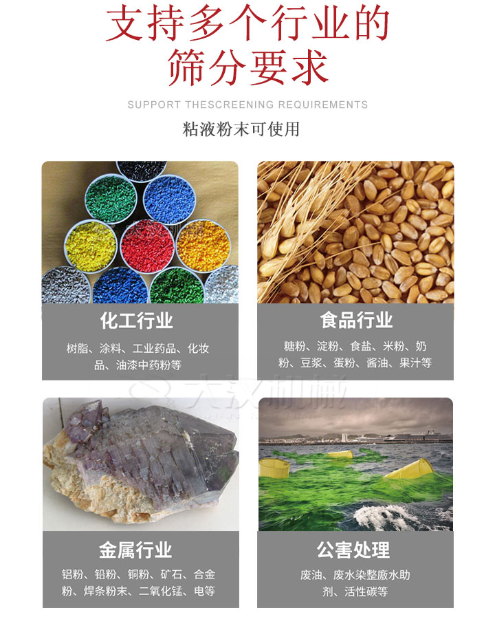 適用于化工行業(yè)，食品行業(yè)，金屬行業(yè)，以及公害處理等行業(yè)?；ば袠I(yè)：樹脂，涂料，工業(yè)藥品，化妝品，油漆，中藥粉等;食品行業(yè)：糖粉，淀粉，食用鹽，米粉，奶粉，豆?jié){，蛋粉，醬油，果汁等;金屬行業(yè)：鋁粉，鉛粉，銅粉，礦石，合金粉，焊條粉末，二氧化錳，電等。公害處理：廢油，廢水染整廒水助劑，活性炭等。超聲波振動篩支持挑選定制常見的有：不銹鋼，碳鋼，全不銹鋼三種規(guī)格。不銹鋼：耐腐蝕，耐高溫適合化工行業(yè),碳鋼：鋼性強，硬度高經(jīng)久耐用,全不銹鋼：機身經(jīng)久耐用不易生銹不易腐蝕超聲波振動篩共有一到四層可供選擇。大漢超聲波振動篩優(yōu)勢：篩分效率高，篩分精度高，產(chǎn)量可提高0.5-10倍適用于：大米，米粉，綠豆，小米等。輕松解決堵網(wǎng)問題適用10目-635目之間的物料。