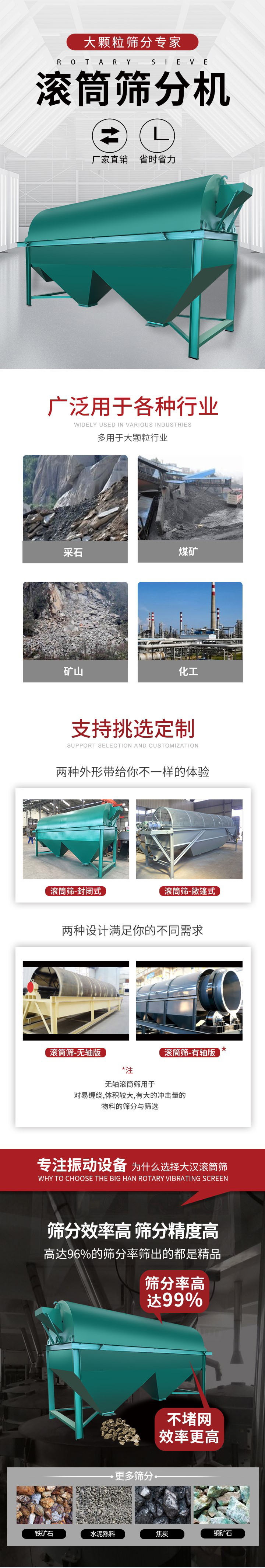 滾筒篩分機(jī)大顆粒篩分專家：廠家直銷，省時(shí)省力。滾筒篩被廣泛應(yīng)用各種行業(yè)：多用于大顆粒行業(yè)例如：采石，煤礦，礦山，化工等。滾筒篩定制類型有哪些：封閉式與敞篷式產(chǎn)品結(jié)構(gòu)分為：無軸式，有軸式兩種，無軸滾筒篩用于對纏繞，體積較大，有大的沖擊量的物料的篩分與篩選。滾筒篩篩分效率高篩分精度能夠達(dá)到：96%也比較適用于鐵礦石，水泥熟料，焦炭，銅礦石。滾筒篩特點(diǎn)：不飛粉末：密封隔離罩，密封性好，工作過程不會(huì)出現(xiàn)飛粉現(xiàn)象。外型尺寸是按筒體長計(jì)